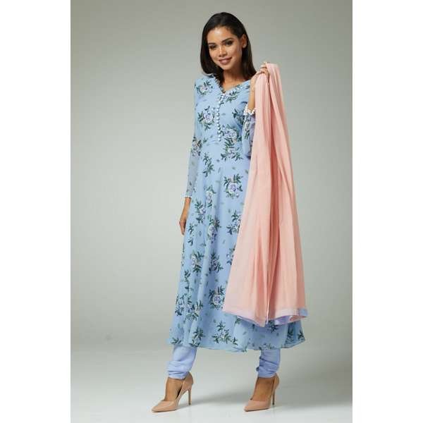 Serenity Blue Floral Contrast Tier Flow Suit