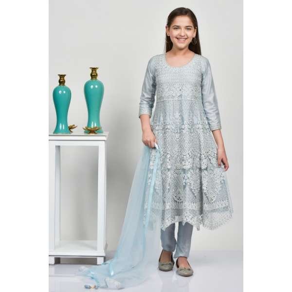Light Blue Indian Designer Girl Embroidered Frock Style Dress