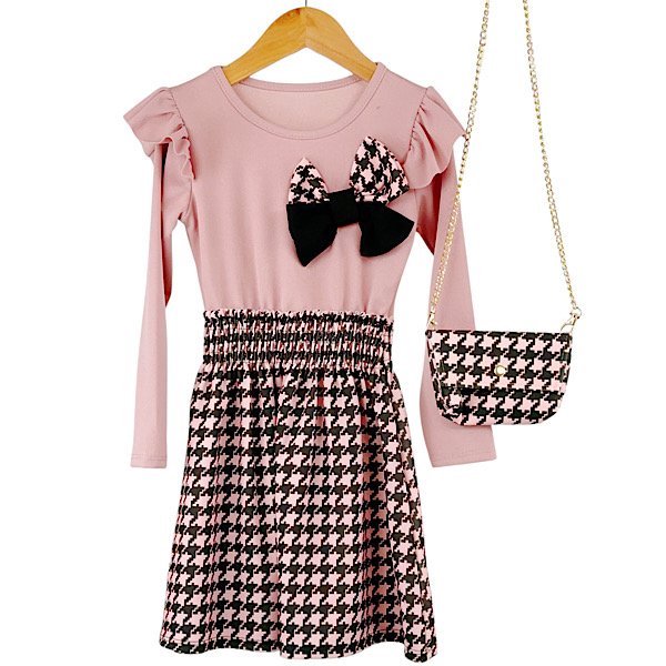 Peachy Pink Black Baby Girls Dog tooth Spanish Bow Dress & Bag