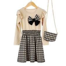 Beige Black Girls Dogtooth Bow Dress with Bag Beige Black Girls Dogtooth Bow Dress with Bag