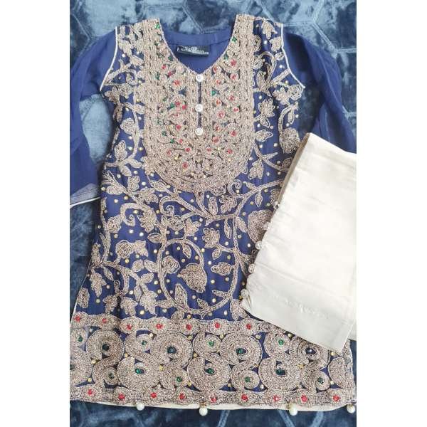 Navy Blue Embroidered Girls Wedding Suit