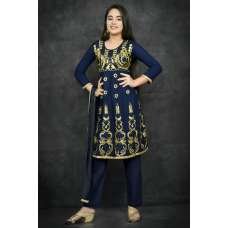 Navy Blue Embroidered Girls Anarkali Frock Suit