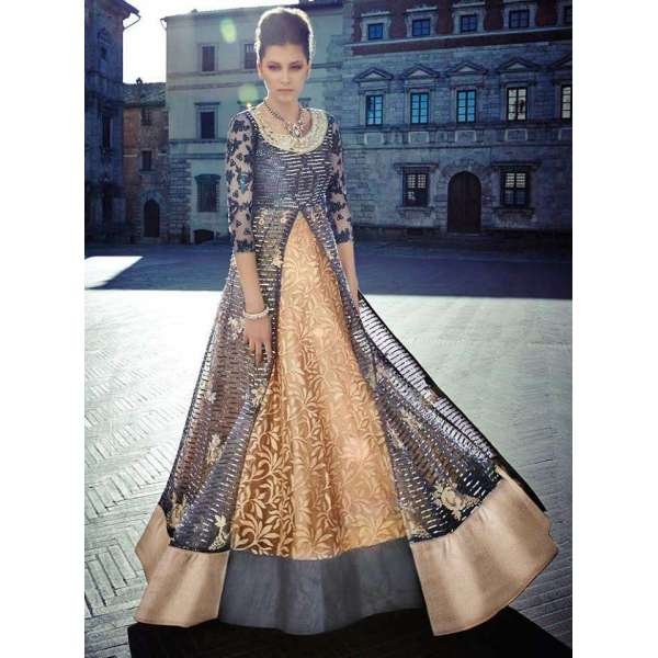 Grey & Gold Front Slit Indian Anarkali Gown 