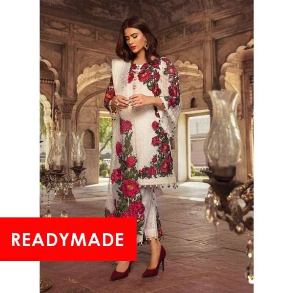 WHITE ROSE MOTIF FOX GEORGETTE READYMADE SUIT