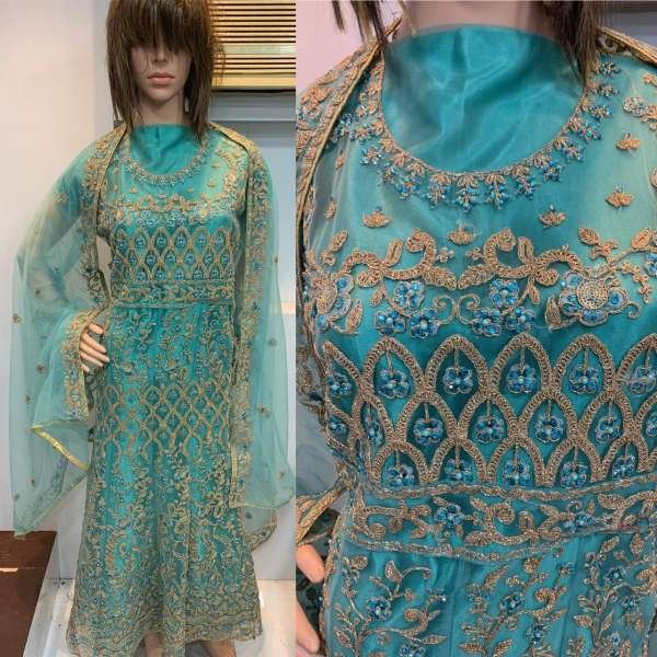 Turquoise Embroidered Indian Designer Anarkali Dress