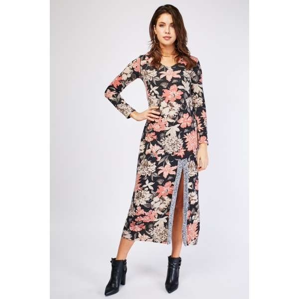 Black Vintage Floral Printed Front Slit Dress