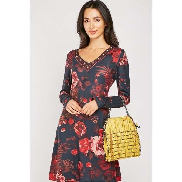Navy Blue Floral Printed V Neck Dress