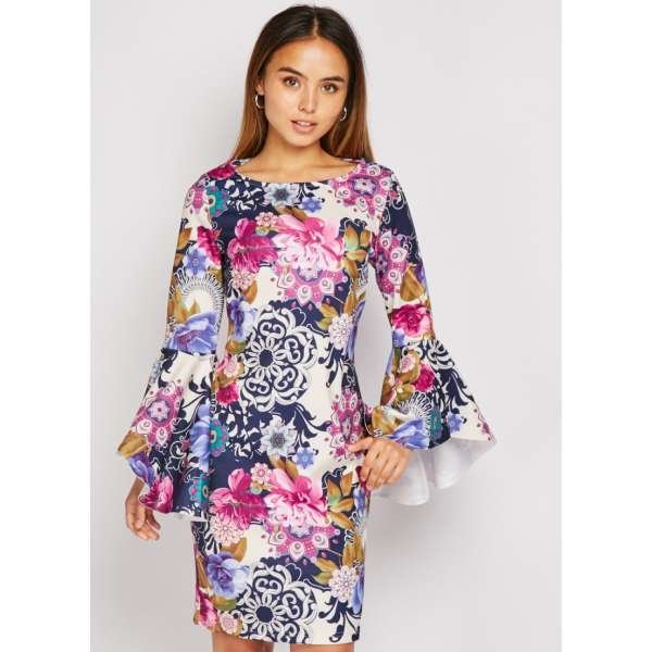 PURPLE BELL SLEEVE PRINTED MINI DRESS