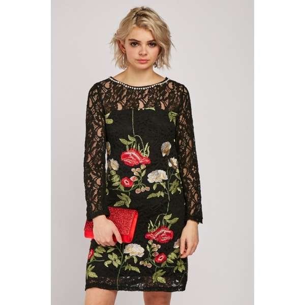 Ladies Black Embroidered Lace Shift Dress