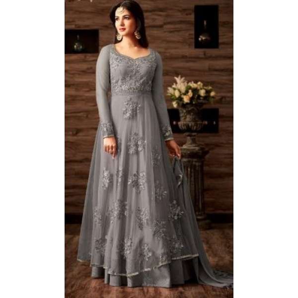 GREY TRADITIONAL INDIAN ANARKALI LEHENGA DRESS