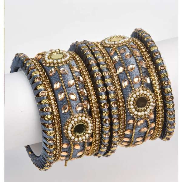 Grey Golden Designer Kundan Bangle
