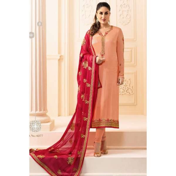 6277 PEACH KASEESH KAREENA KAPOOR SATIN GEORGETTE SUIT WITH HEAVY WORK DUPATTA