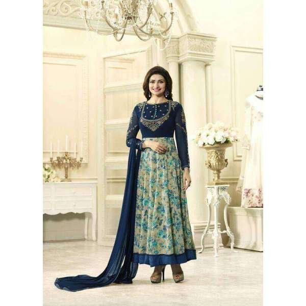 Blue Printed Anarkali Frock Indian Designer Suit