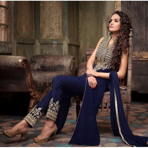 Navy Blue Party Wear Semi Stitched Velvet Suit