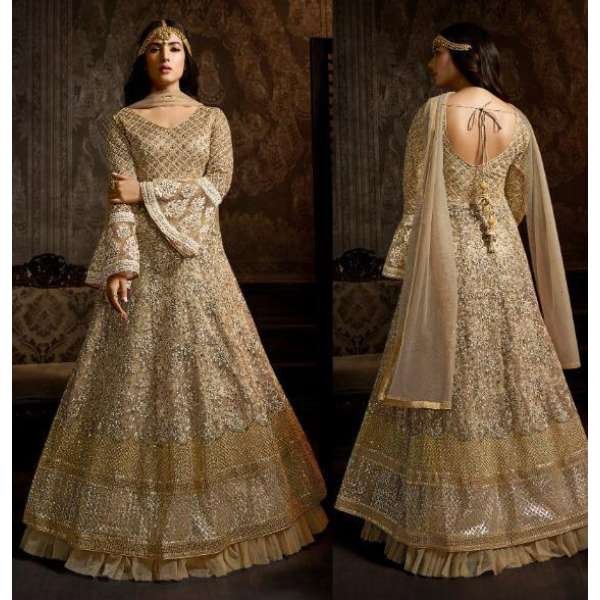 Beige Heavy Embroidered Wedding Anarkali Dress