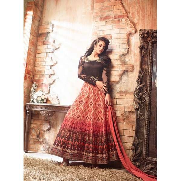 Peach & Black Long Frock Indian Wedding Dress