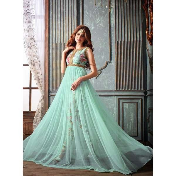 Mint Net Embroidered Indian Party Maxi Indian Party Dress