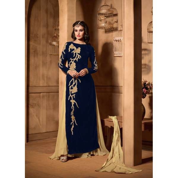 Navy Blue & Beige Indian Designer Velvet Party Suit