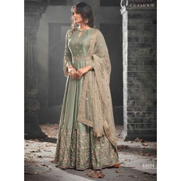 SILVER GREEN INDIAN PAKISTANI WEDDING WEAR GOWN 