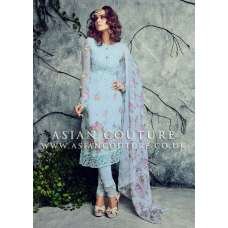 Embroidered Blue Straight Cut Capri Trouser Suit