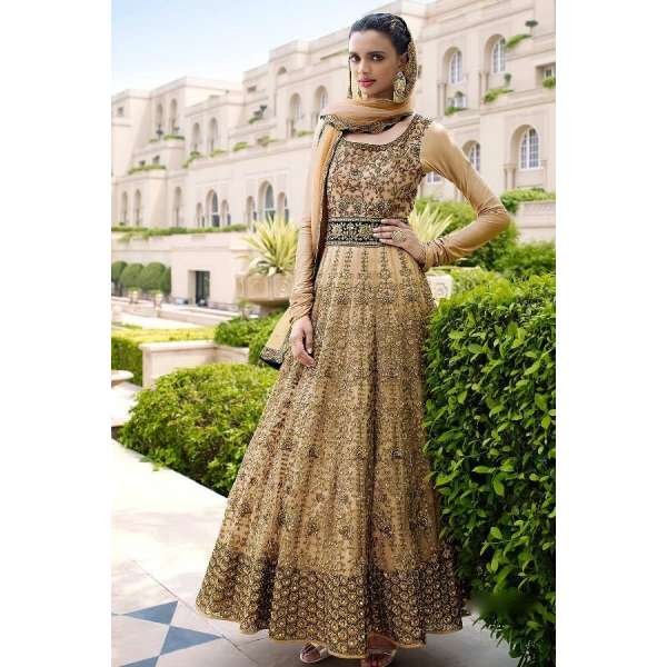 Beige Heavy Embellished Indian Wedding Wear Anarkali Gown