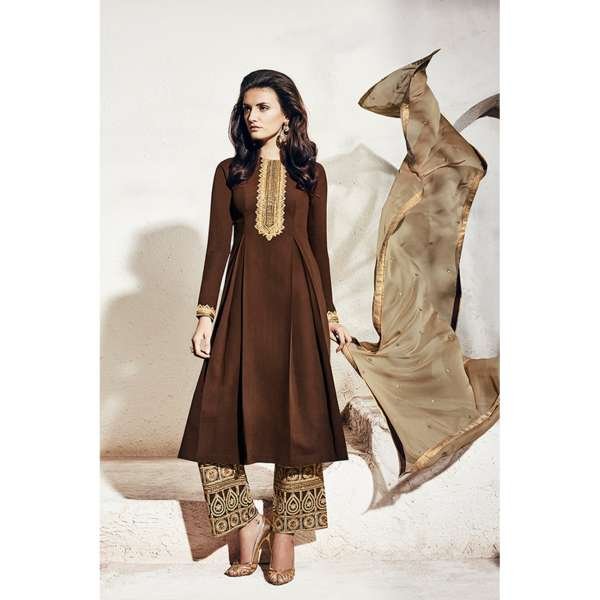 Brown Embroidered Georgette Indian Salwar Suit