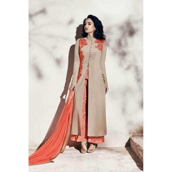 Peach Beige Indian Pakistani Traditional Palazzo Style Suit