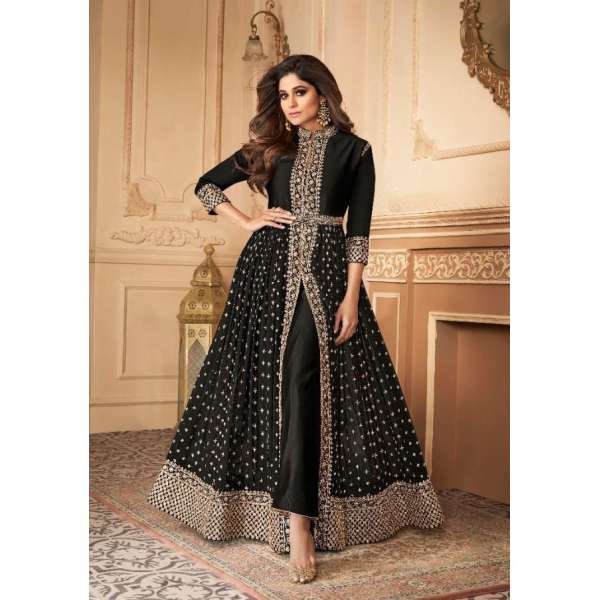 Black Indian Designer Party Wear Front Slit Anarkali Dress