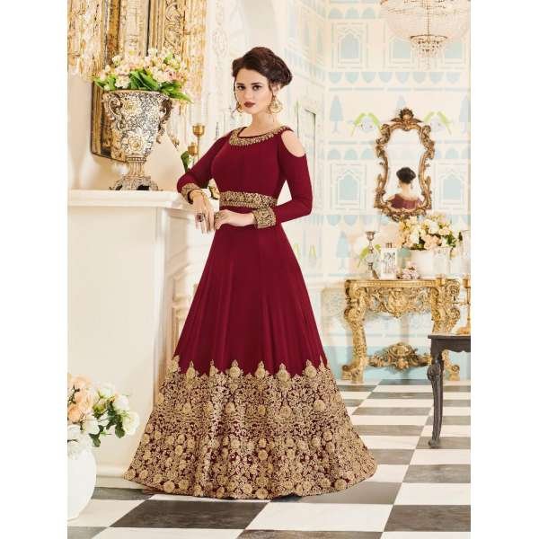 MAROON INDIAN & PAKISTANI BRIDAL WEDDING WEAR ANARKALI SUIT 