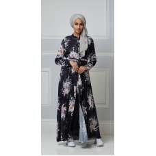 Black Open Abaya Floral Printed Maxi 