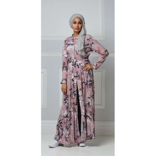 Pink Floral Printed Open Abaya