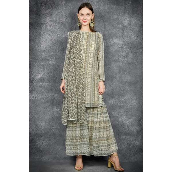 Beige Green Indian Designer Gharara Readymade Suit ( Plus Size)