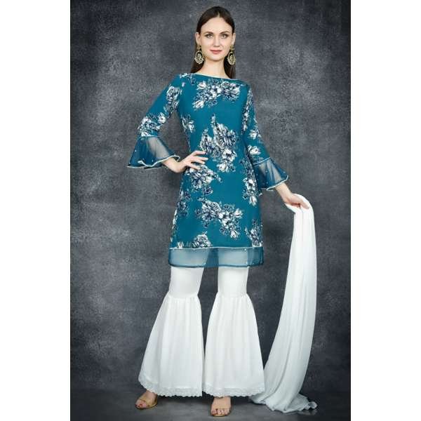  Blue Printed Shirt Dress & Gharara Pant Suit