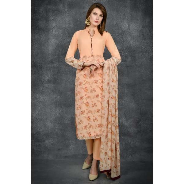 Peach Floral Printed Indian Party Suit Readymade Salwar Kameez