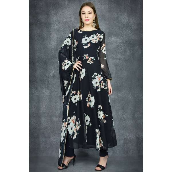 Black Floral Printed Flowy Dress Suit