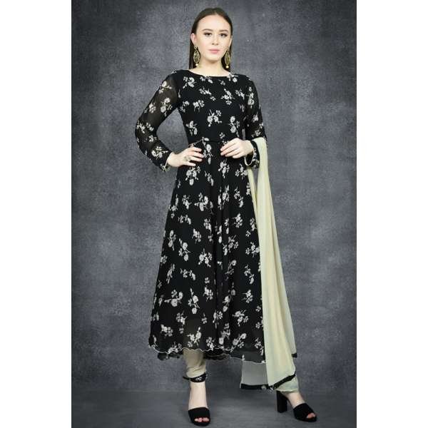 Black Floral Dress Long Anarkali Readymade 