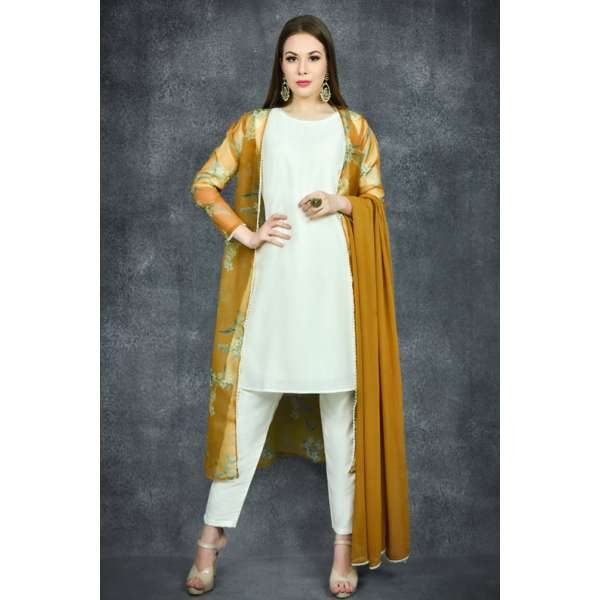 Cream Dress Mustard Floral Jacket Suit Readymade