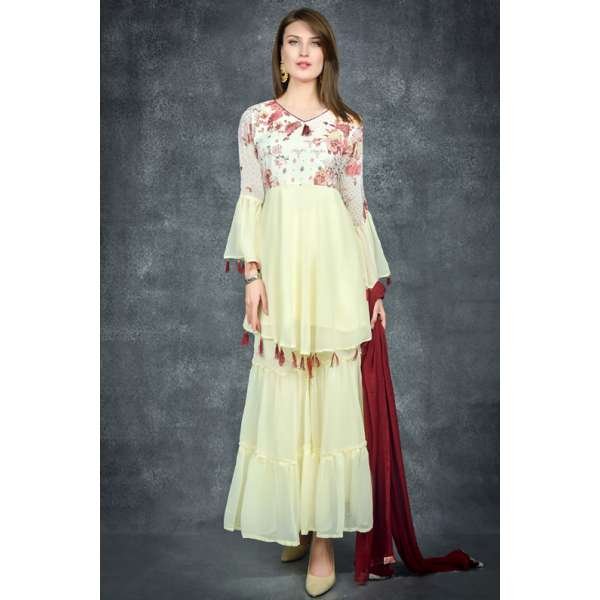 Cream & Maroon Elegant New Pakistani Designer Sharara Suit