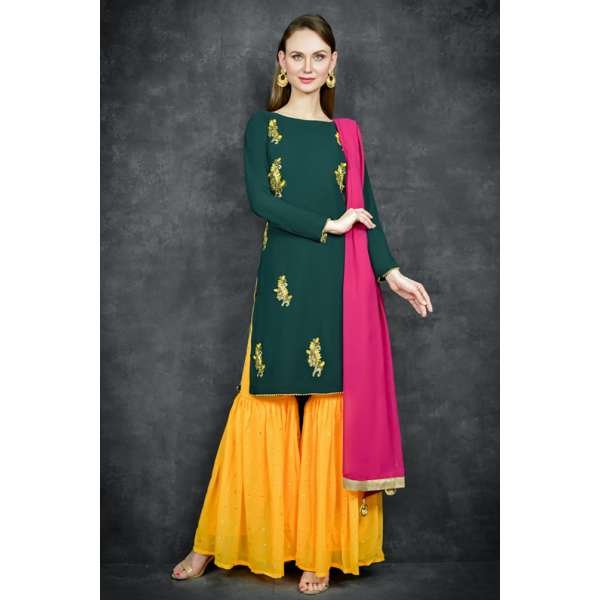 Dark Green & Saffron Yellow Punjabi Gharara Suit 