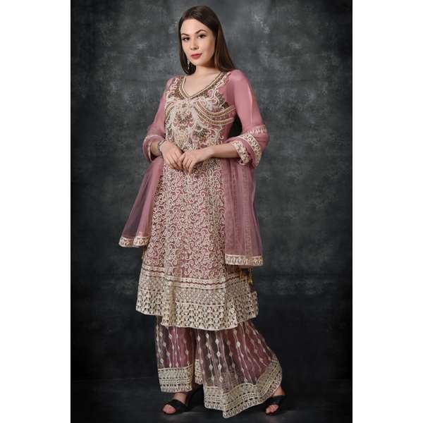 Rose Tan Embroidered Frock & Gharara Suit