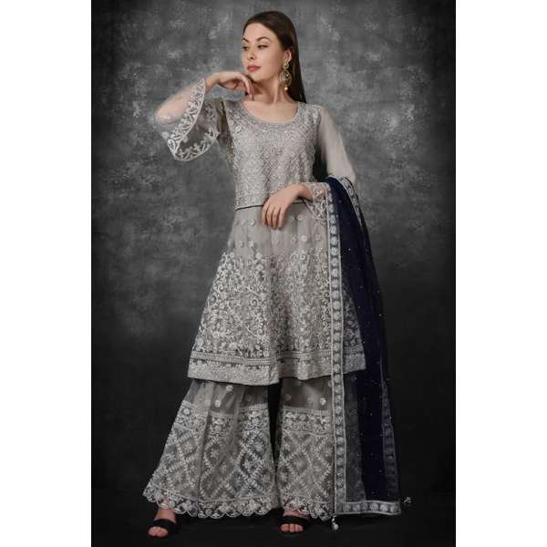 Grey Heavy Embroidered Pakistani Wedding Gharara Suit