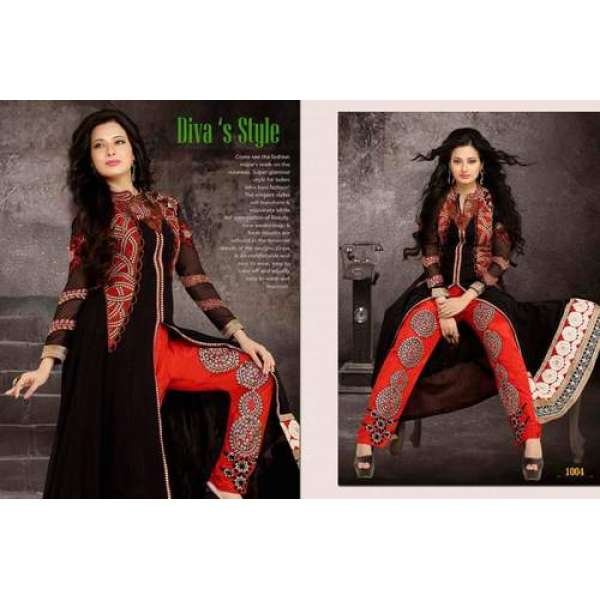 Black Red Embroidered Georgette Indian Party Suit