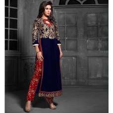 MS12012 Navy Blue With Red MAISHA MASKEEN Dress In Velvet Material