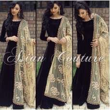 Black Semi Stitched Anarkali Suit With Embroidered Scarf