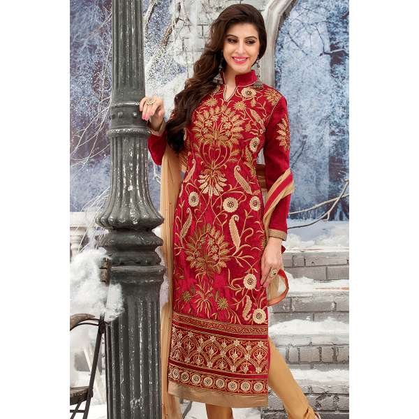 Red & Gold Embroidered Velvet Straight Suit