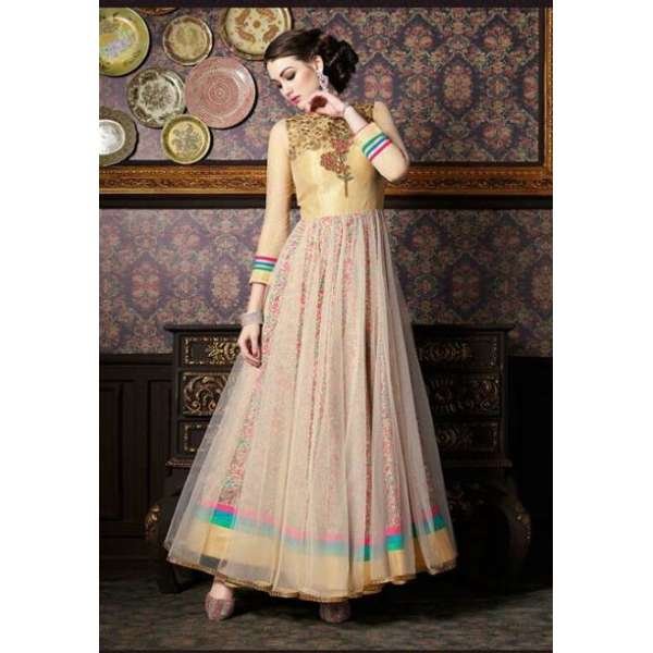 4709 BEIGE AND YELLOW CHENAB DESIGNER EMBROIDRED NET ANARKALI SUIT 