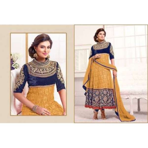 Blue and Orange WEDDING WEAR HEAVY EMBROIDERED ANARKALI