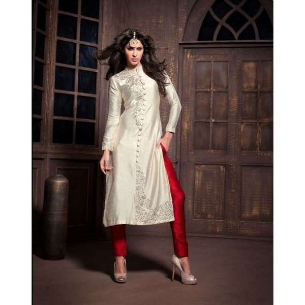 White and Red Maskeen Anaya senora Embroidered Designer Dress