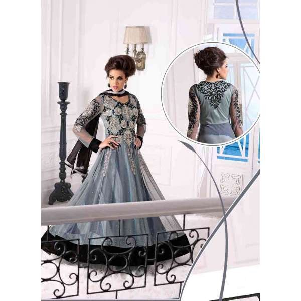 Grey and Black WEDDING WEAR GEORGETTE & NET LONG ANARKALI SUIT