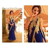 Blue Gold Long Dress Indian Gown Party Saree 